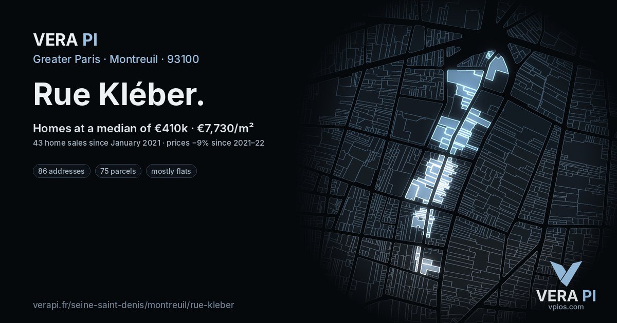 Rue Kléber, Montreuil at night – every parcel coloured by the prices around it, the street's own parcels lit