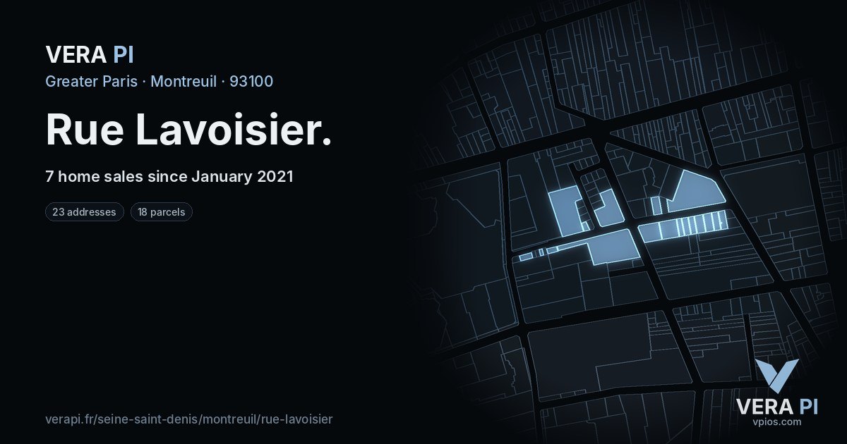Rue Lavoisier, Montreuil at night – every parcel coloured by the prices around it, the street's own parcels lit