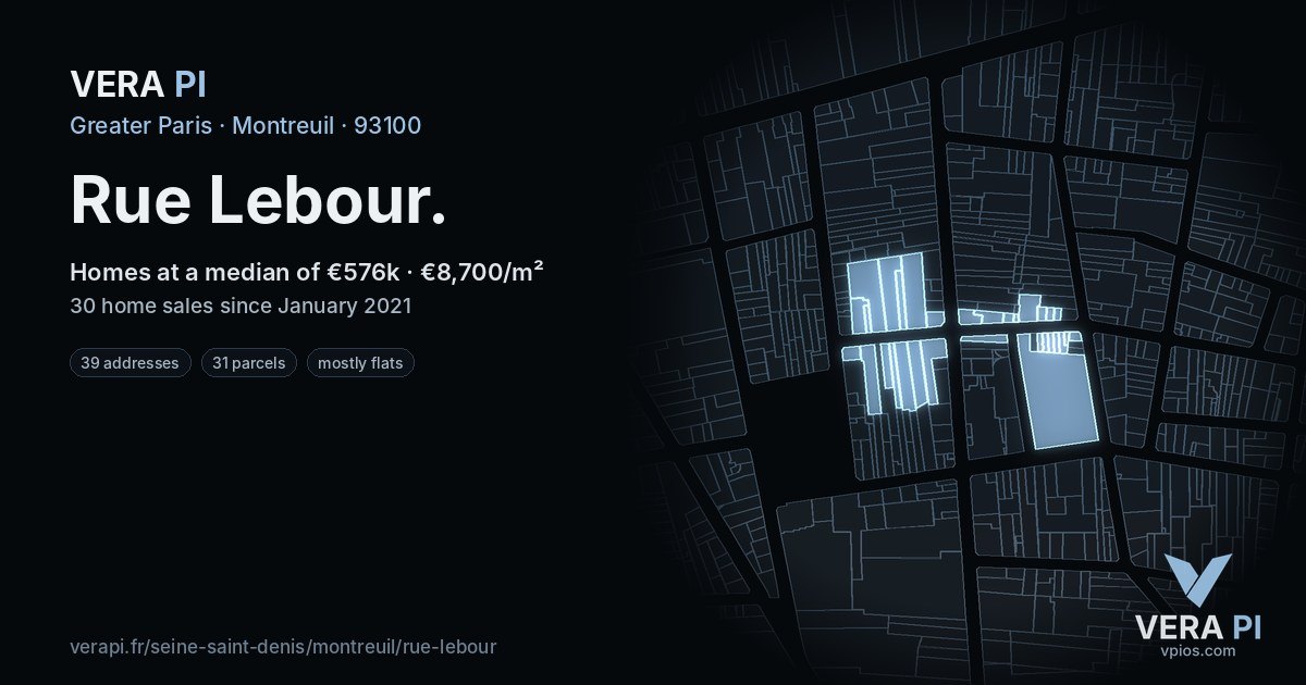 Rue Lebour, Montreuil at night – every parcel coloured by the prices around it, the street's own parcels lit