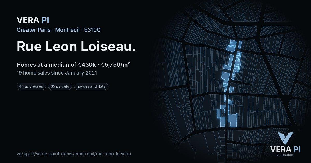 Rue Leon Loiseau, Montreuil at night – every parcel coloured by the prices around it, the street's own parcels lit