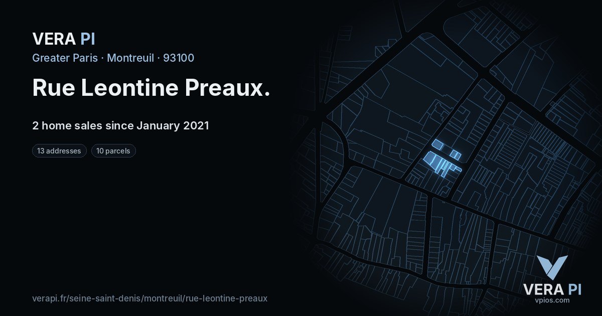 Rue Leontine Preaux, Montreuil at night – every parcel coloured by the prices around it, the street's own parcels lit