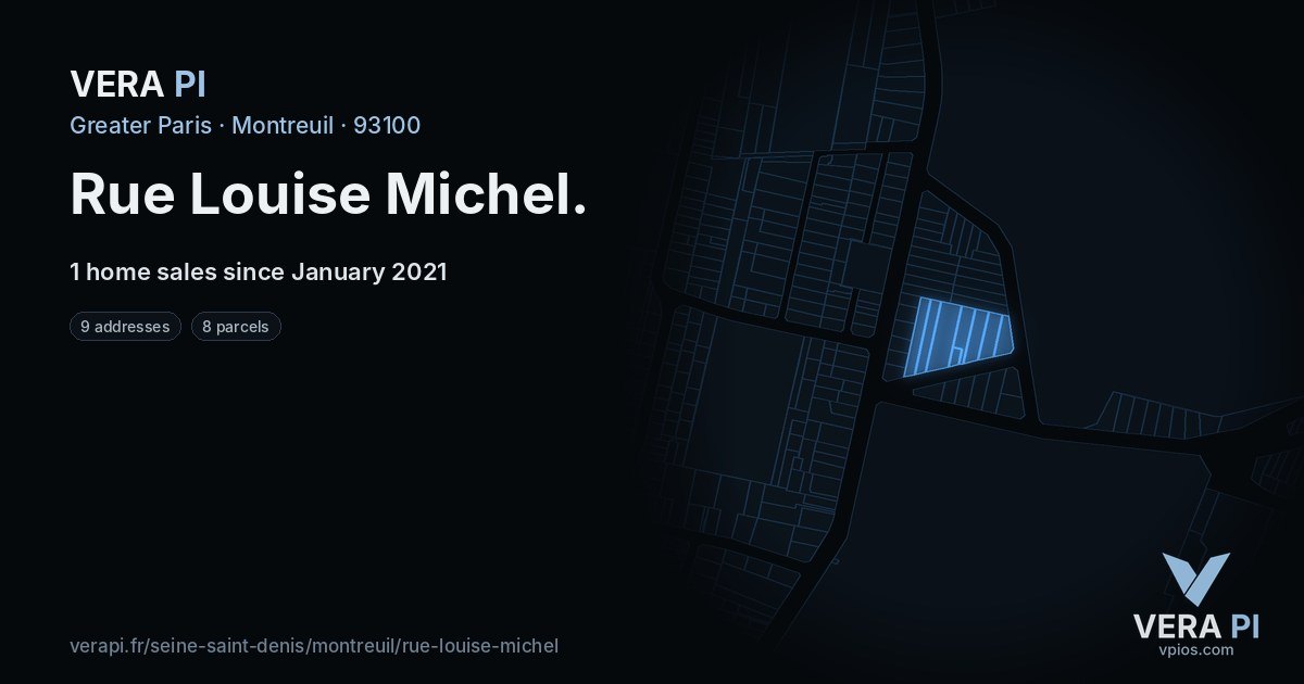 Rue Louise Michel, Montreuil at night – every parcel coloured by the prices around it, the street's own parcels lit