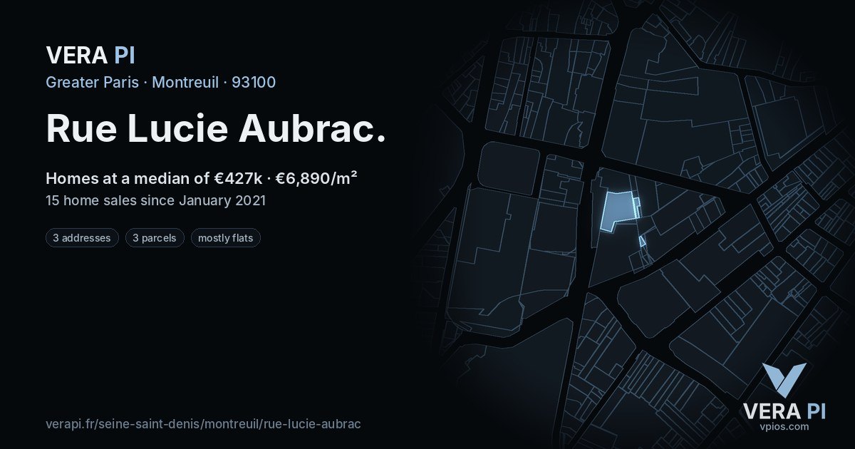 Rue Lucie Aubrac, Montreuil at night – every parcel coloured by the prices around it, the street's own parcels lit