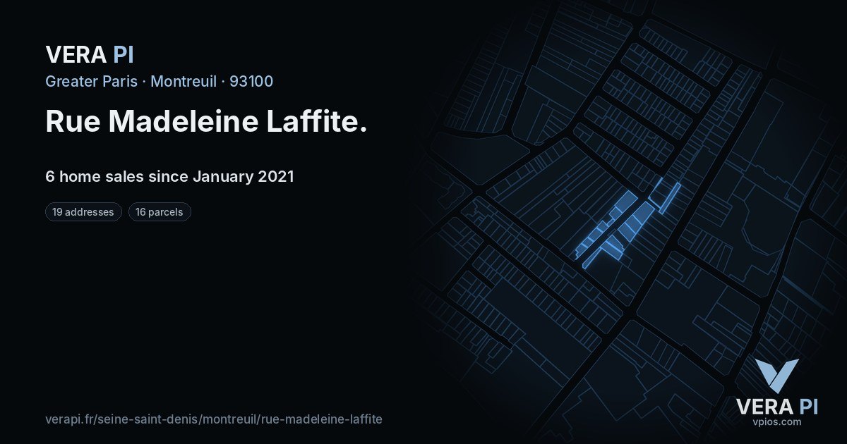 Rue Madeleine Laffite, Montreuil at night – every parcel coloured by the prices around it, the street's own parcels lit