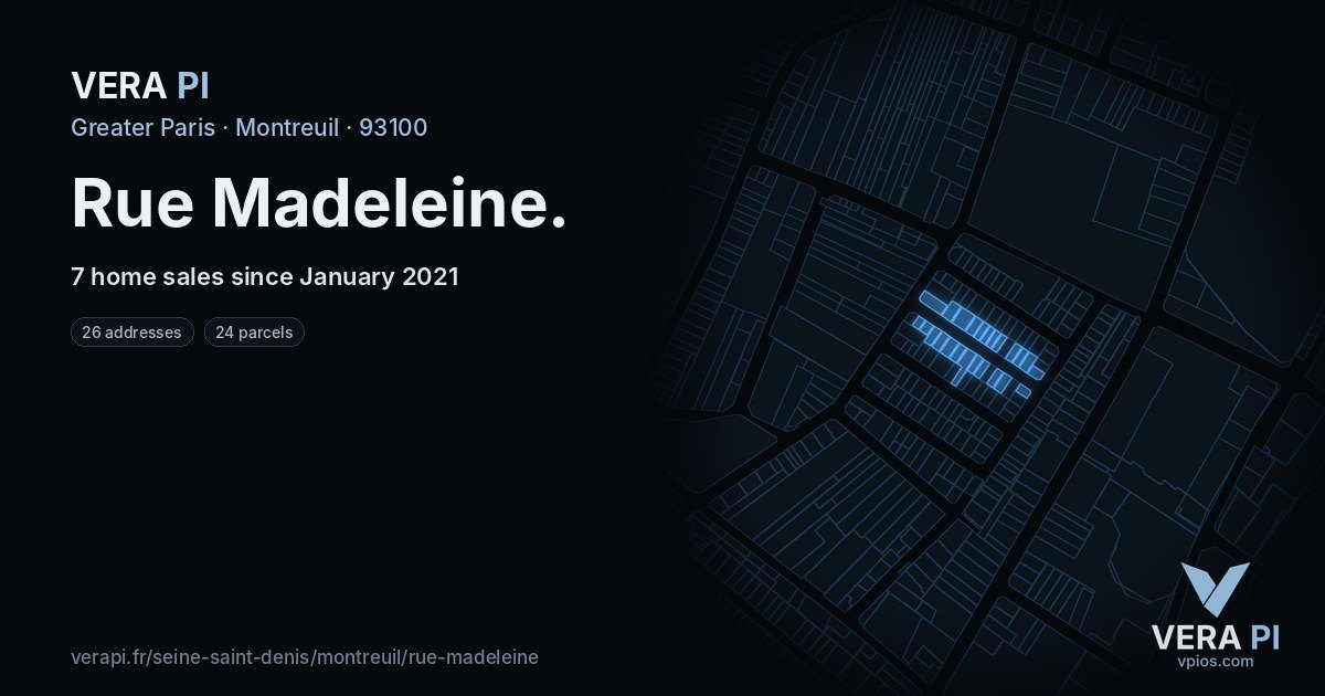 Rue Madeleine, Montreuil at night – every parcel coloured by the prices around it, the street's own parcels lit