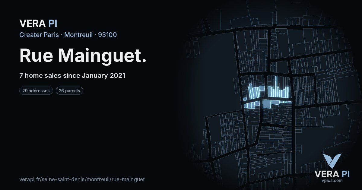 Rue Mainguet, Montreuil at night – every parcel coloured by the prices around it, the street's own parcels lit