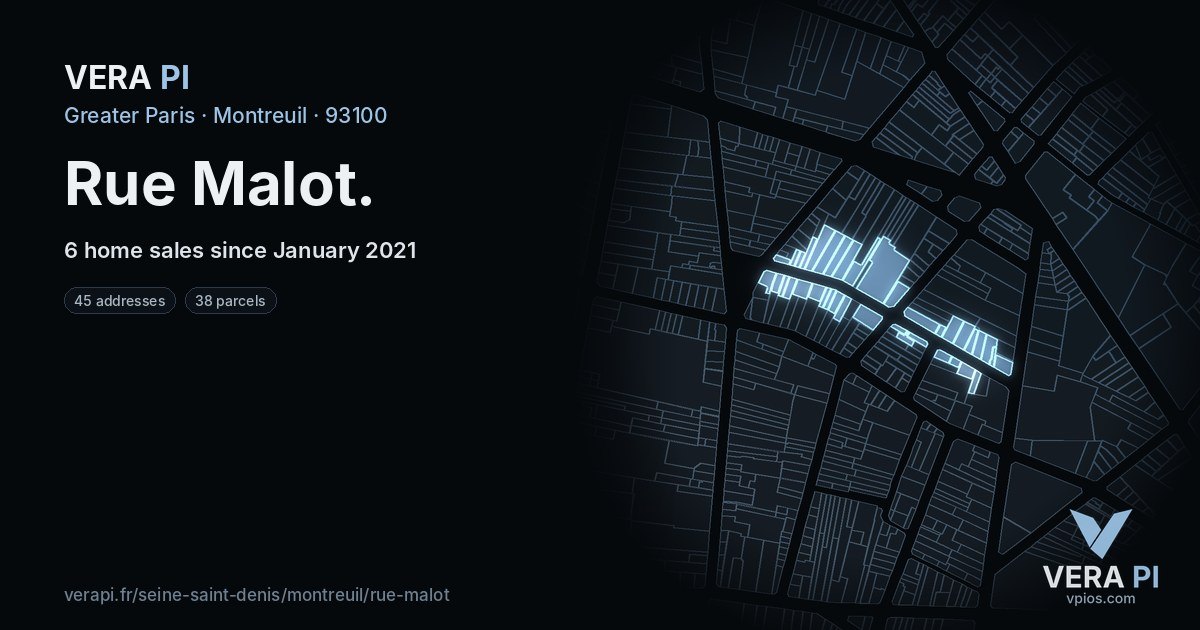 Rue Malot, Montreuil at night – every parcel coloured by the prices around it, the street's own parcels lit