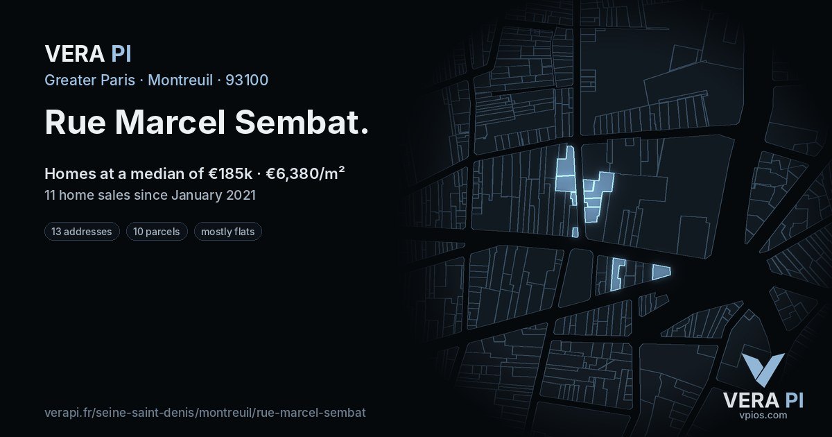 Rue Marcel Sembat, Montreuil at night – every parcel coloured by the prices around it, the street's own parcels lit