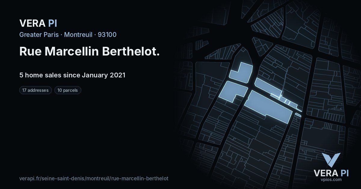 Rue Marcellin Berthelot, Montreuil at night – every parcel coloured by the prices around it, the street's own parcels lit