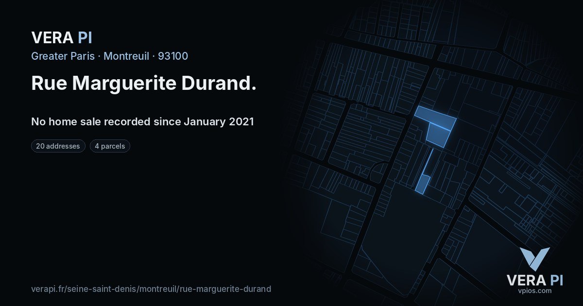 Rue Marguerite Durand, Montreuil at night – every parcel coloured by the prices around it, the street's own parcels lit