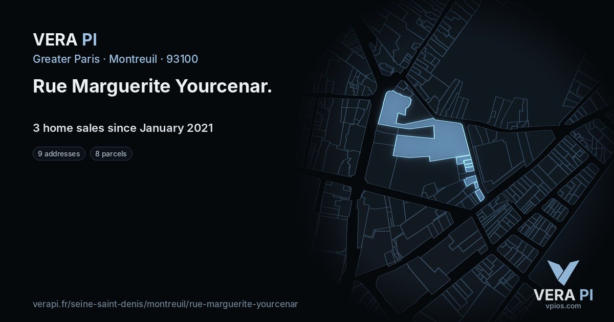 Rue Marguerite Yourcenar, Montreuil at night – every parcel coloured by the prices around it, the street's own parcels lit