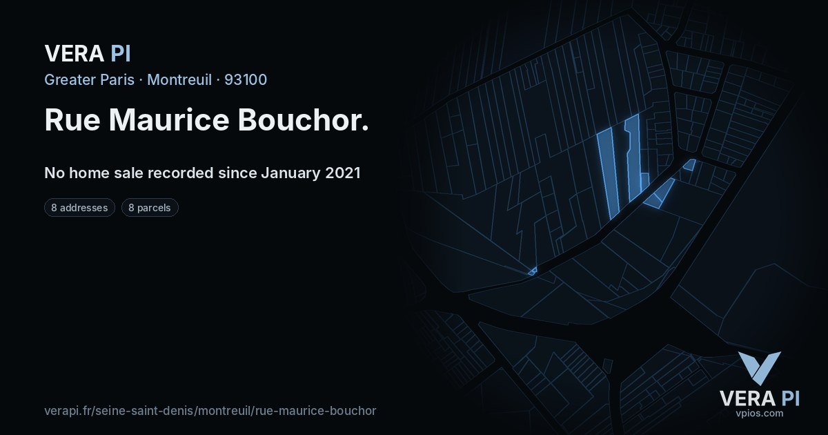 Rue Maurice Bouchor, Montreuil at night – every parcel coloured by the prices around it, the street's own parcels lit