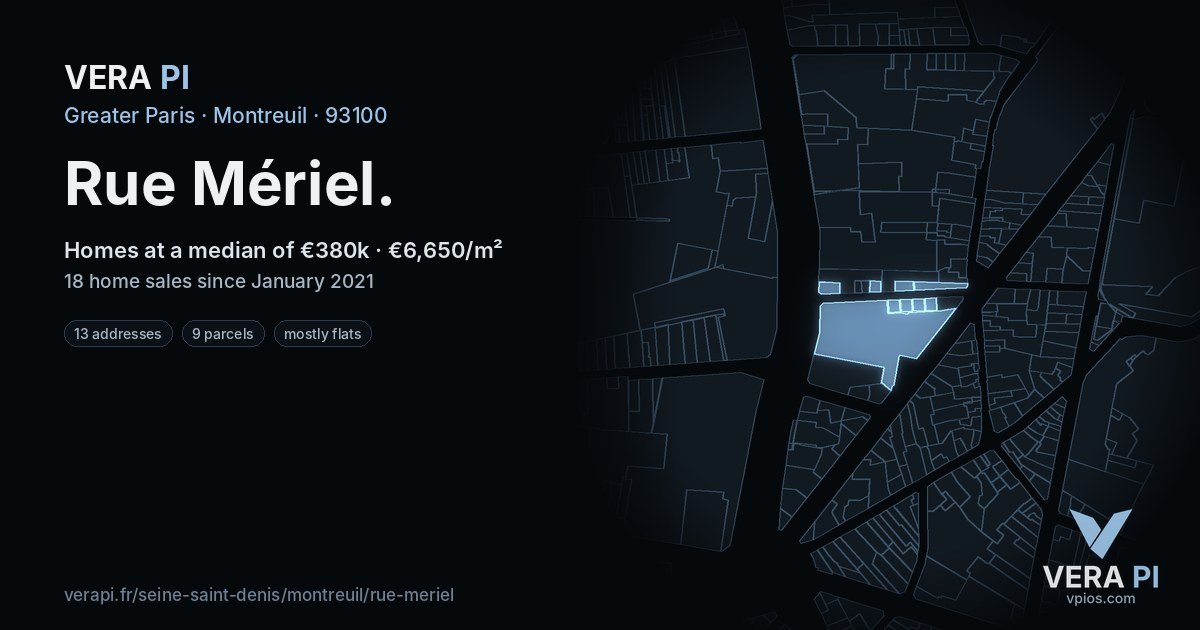 Rue Mériel, Montreuil at night – every parcel coloured by the prices around it, the street's own parcels lit