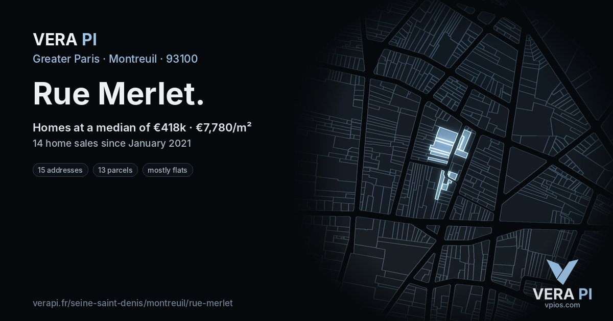 Rue Merlet, Montreuil at night – every parcel coloured by the prices around it, the street's own parcels lit