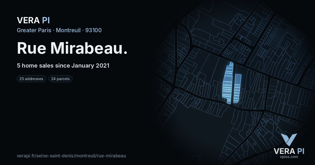 Rue Mirabeau, Montreuil at night – every parcel coloured by the prices around it, the street's own parcels lit