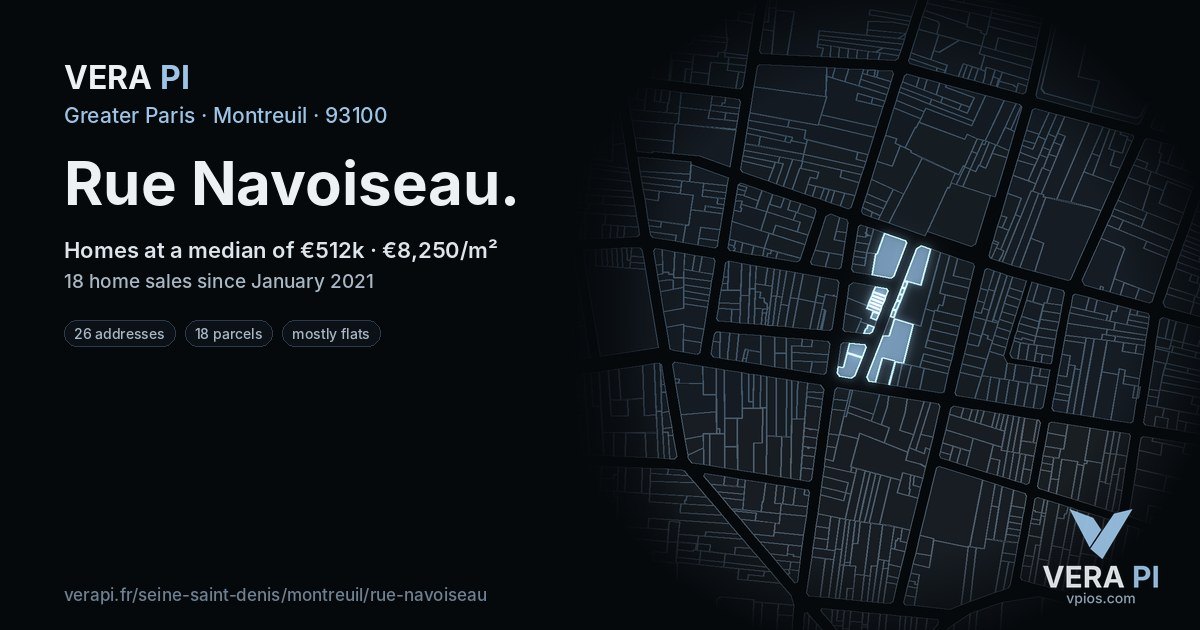 Rue Navoiseau, Montreuil at night – every parcel coloured by the prices around it, the street's own parcels lit