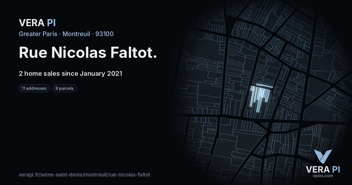 Rue Nicolas Faltot, Montreuil at night – every parcel coloured by the prices around it, the street's own parcels lit