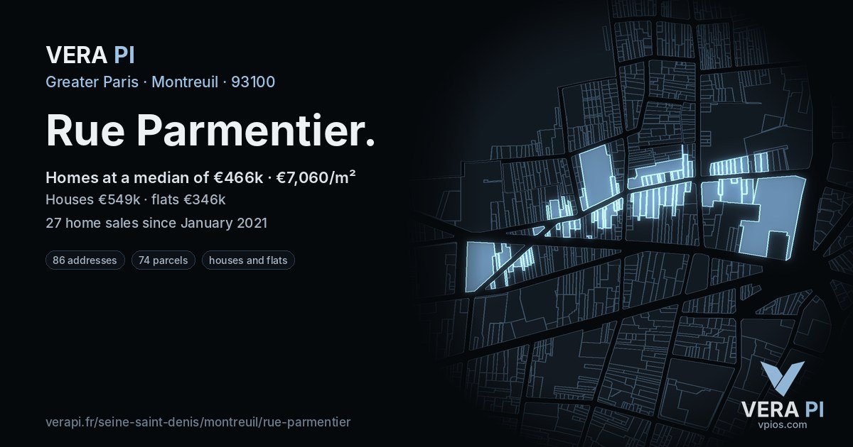 Rue Parmentier, Montreuil at night – every parcel coloured by the prices around it, the street's own parcels lit