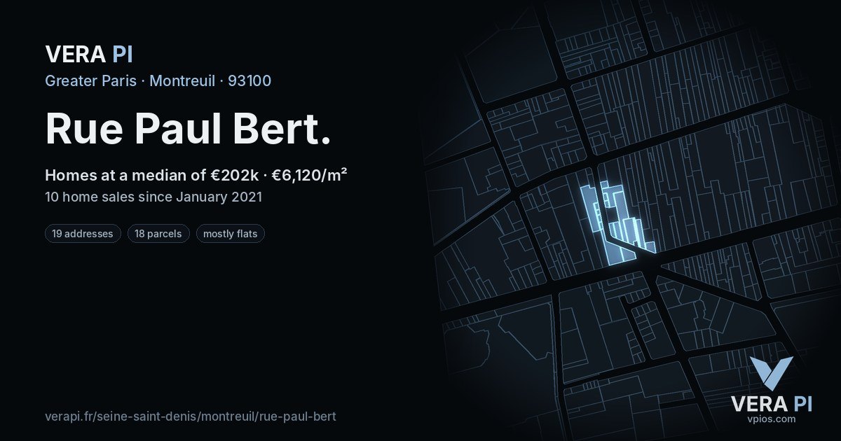 Rue Paul Bert, Montreuil at night – every parcel coloured by the prices around it, the street's own parcels lit