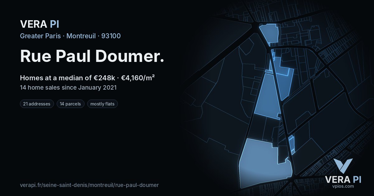 Rue Paul Doumer, Montreuil at night – every parcel coloured by the prices around it, the street's own parcels lit