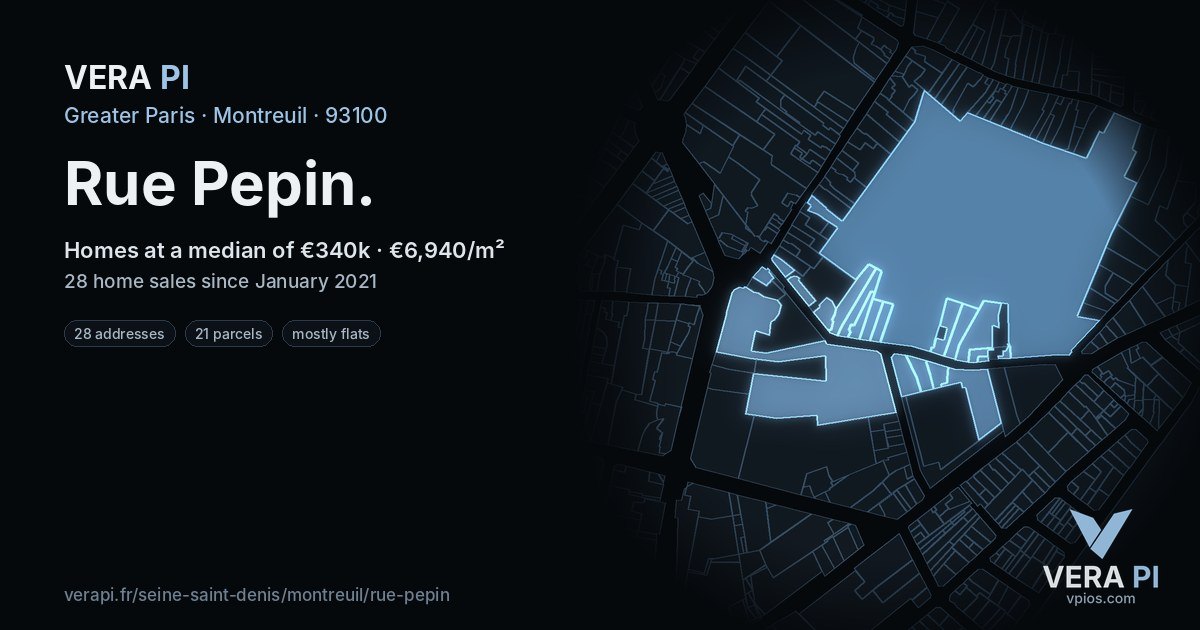 Rue Pepin, Montreuil at night – every parcel coloured by the prices around it, the street's own parcels lit