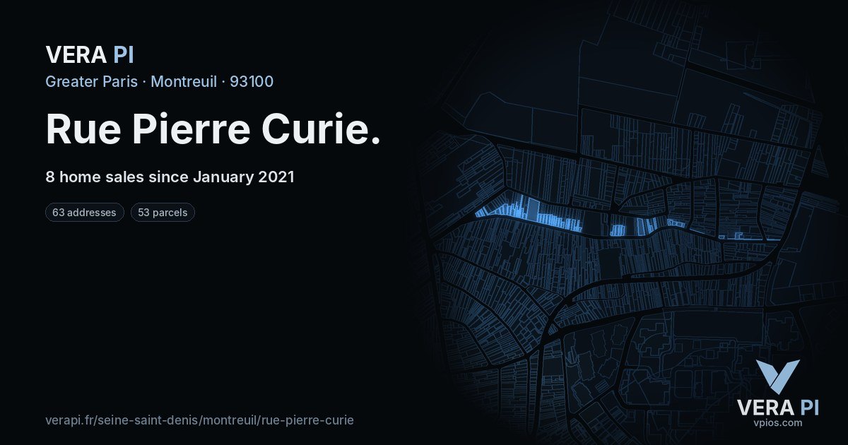 Rue Pierre Curie, Montreuil at night – every parcel coloured by the prices around it, the street's own parcels lit