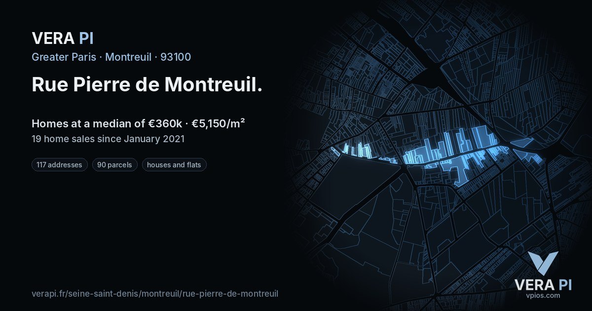 Rue Pierre de Montreuil, Montreuil at night – every parcel coloured by the prices around it, the street's own parcels lit
