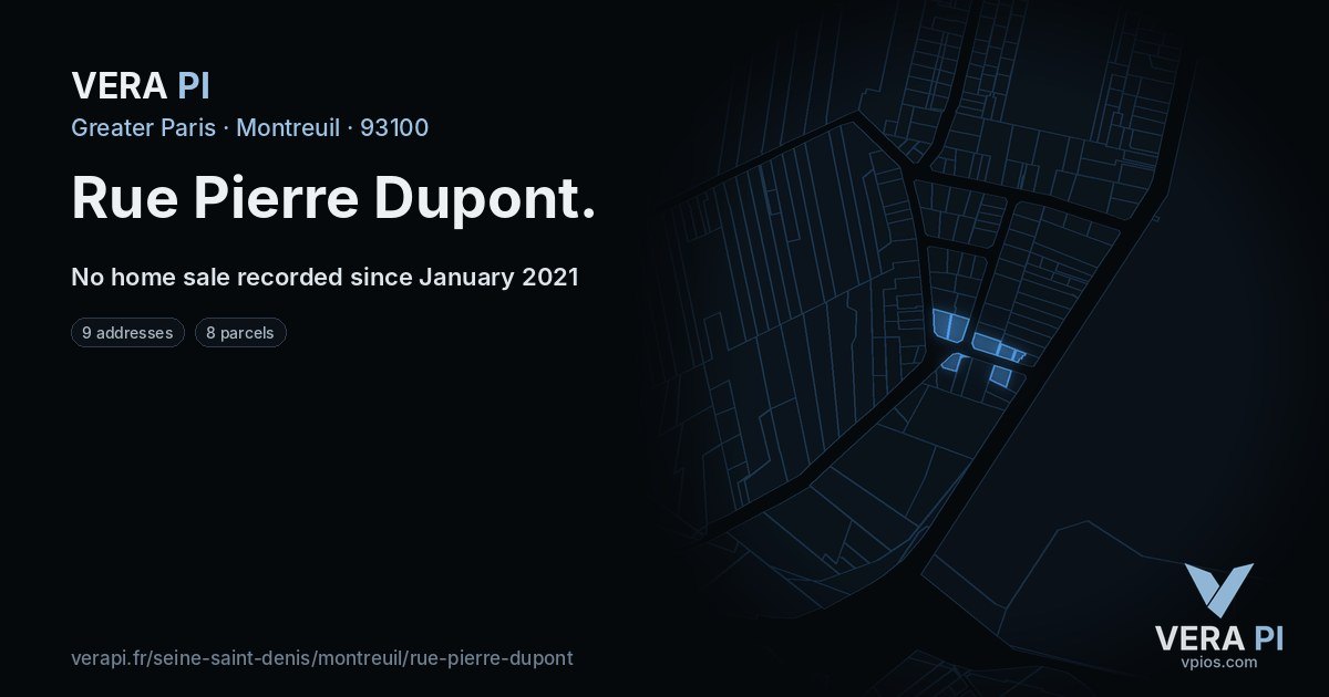 Rue Pierre Dupont, Montreuil at night – every parcel coloured by the prices around it, the street's own parcels lit