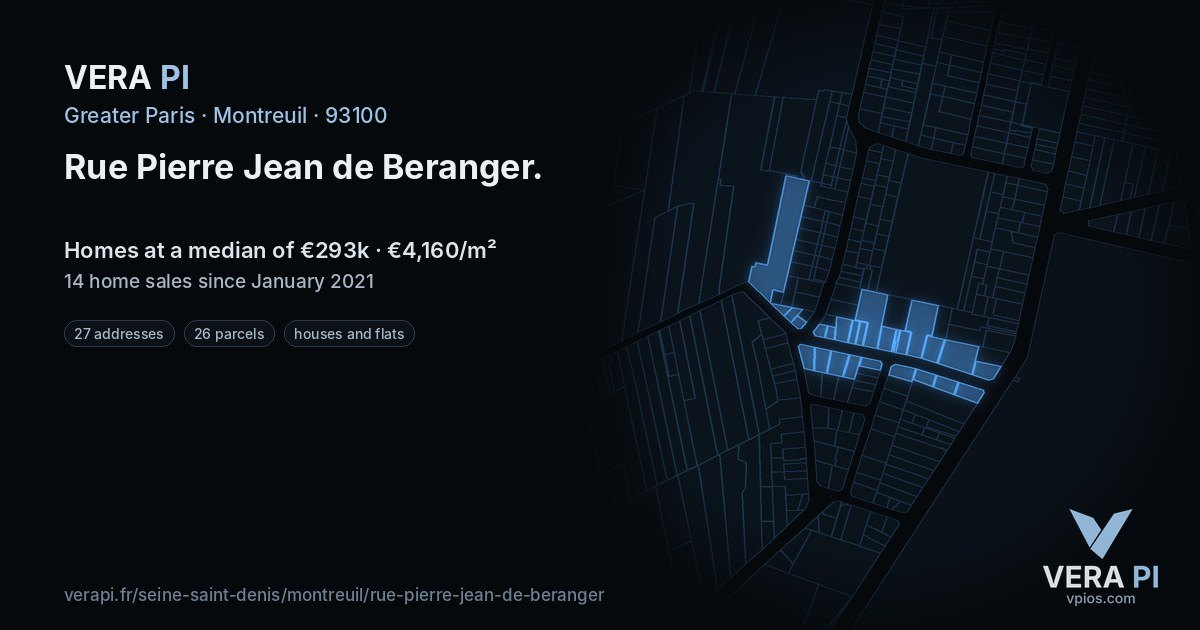Rue Pierre Jean de Beranger, Montreuil at night – every parcel coloured by the prices around it, the street's own parcels lit