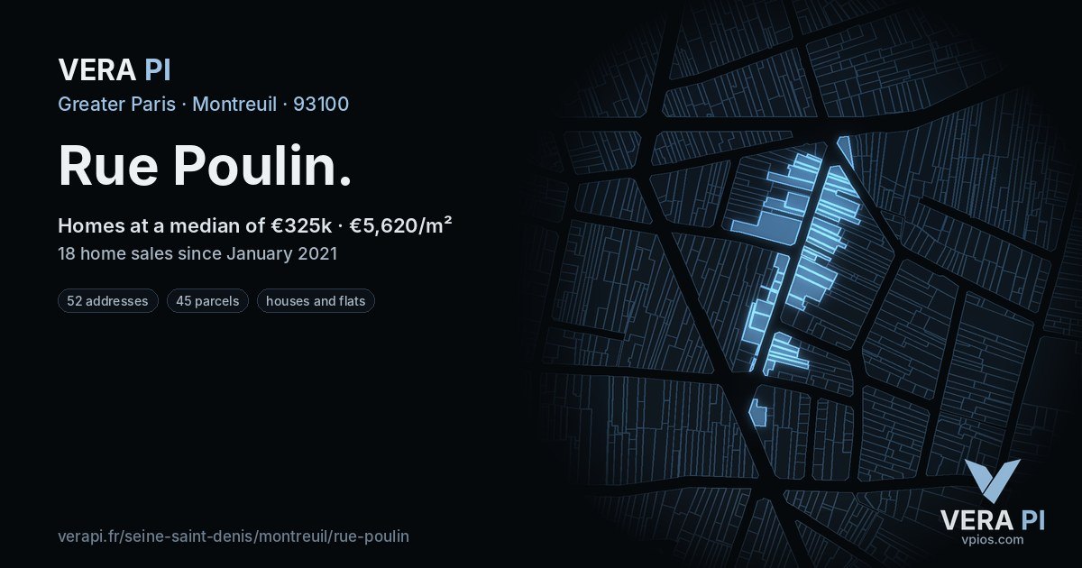 Rue Poulin, Montreuil at night – every parcel coloured by the prices around it, the street's own parcels lit