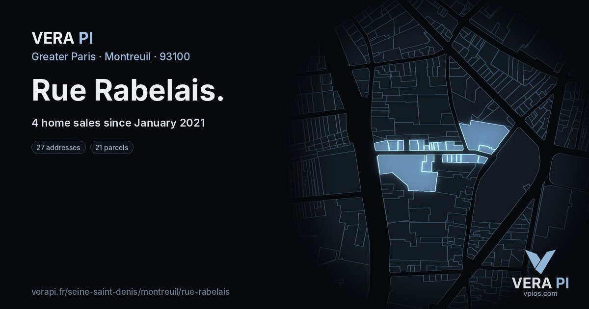 Rue Rabelais, Montreuil at night – every parcel coloured by the prices around it, the street's own parcels lit