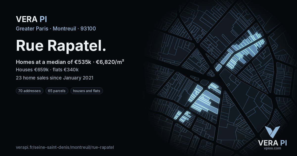 Rue Rapatel, Montreuil at night – every parcel coloured by the prices around it, the street's own parcels lit