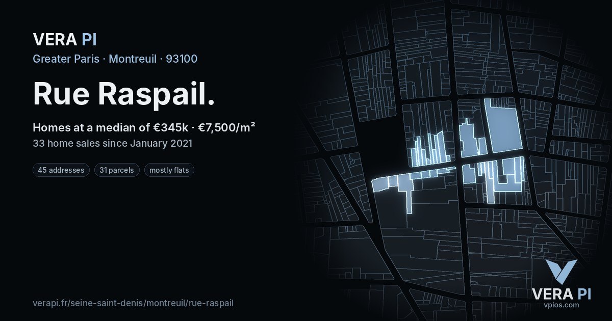 Rue Raspail, Montreuil at night – every parcel coloured by the prices around it, the street's own parcels lit