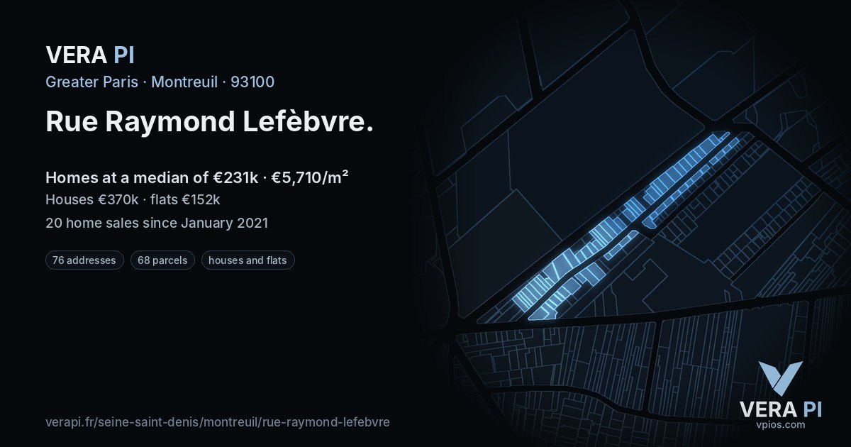 Rue Raymond Lefèbvre, Montreuil at night – every parcel coloured by the prices around it, the street's own parcels lit