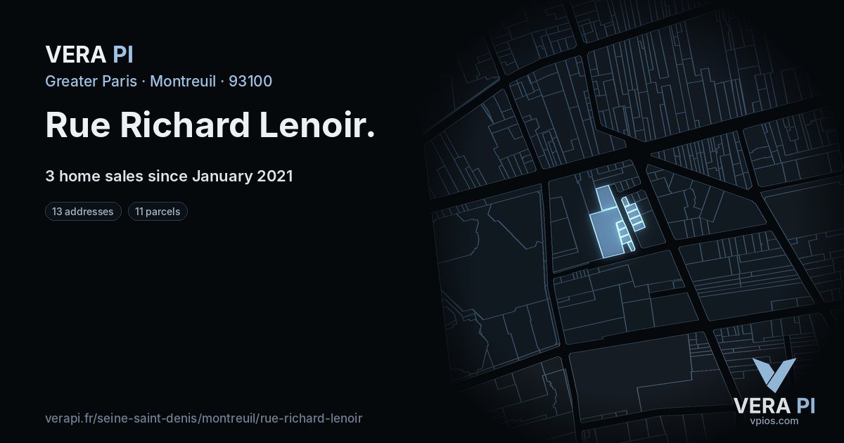 Rue Richard Lenoir, Montreuil at night – every parcel coloured by the prices around it, the street's own parcels lit