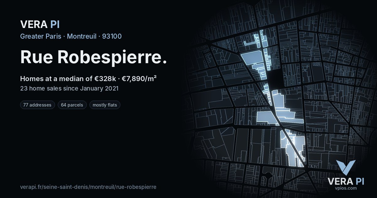 Rue Robespierre, Montreuil at night – every parcel coloured by the prices around it, the street's own parcels lit