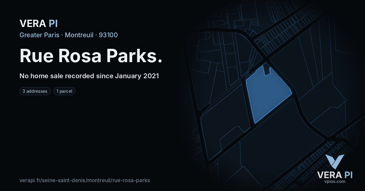 Rue Rosa Parks, Montreuil at night – every parcel coloured by the prices around it, the street's own parcels lit
