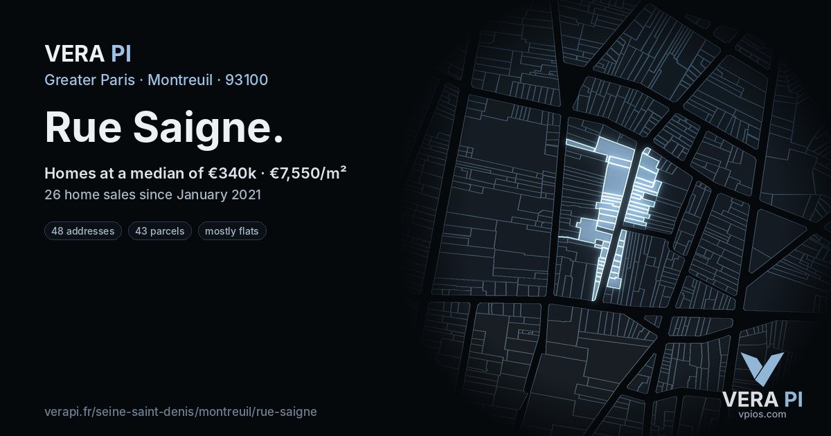 Rue Saigne, Montreuil at night – every parcel coloured by the prices around it, the street's own parcels lit