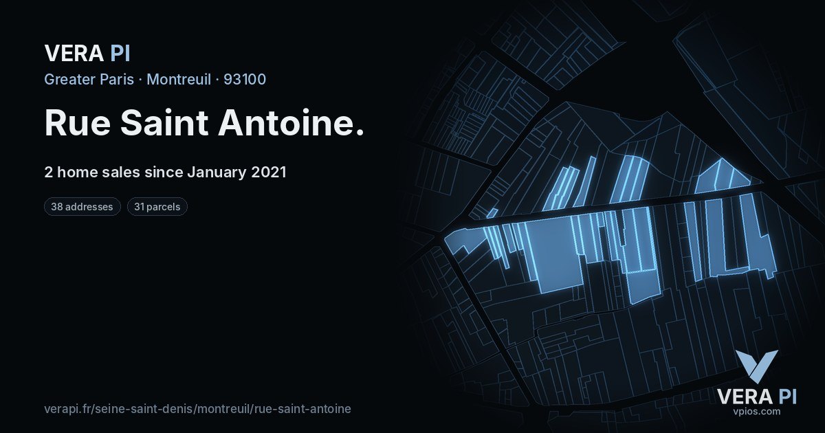Rue Saint Antoine, Montreuil at night – every parcel coloured by the prices around it, the street's own parcels lit