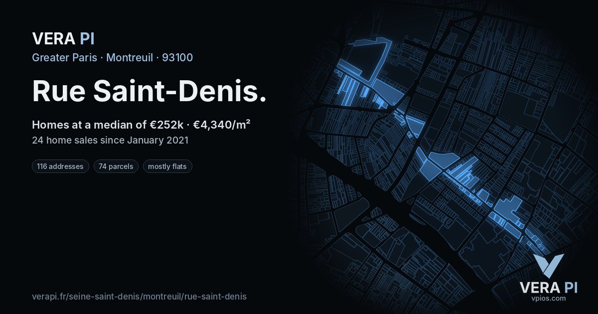 Rue Saint-Denis, Montreuil at night – every parcel coloured by the prices around it, the street's own parcels lit