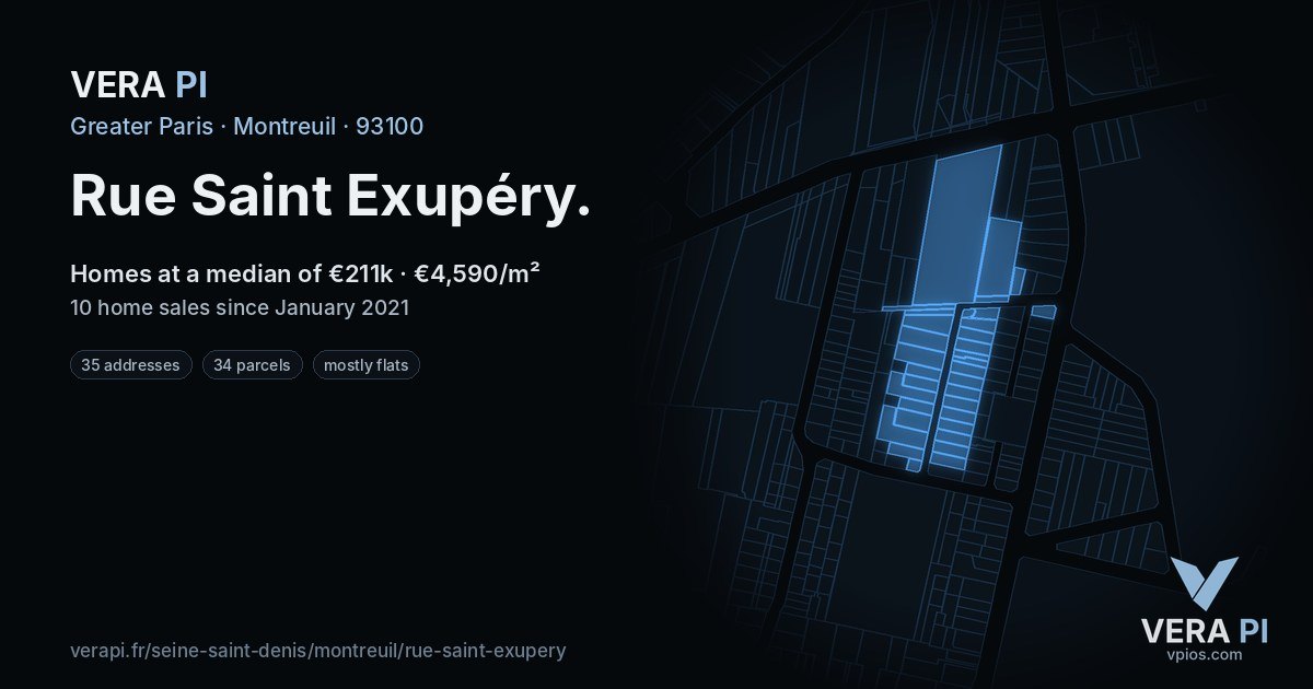 Rue Saint Exupéry, Montreuil at night – every parcel coloured by the prices around it, the street's own parcels lit