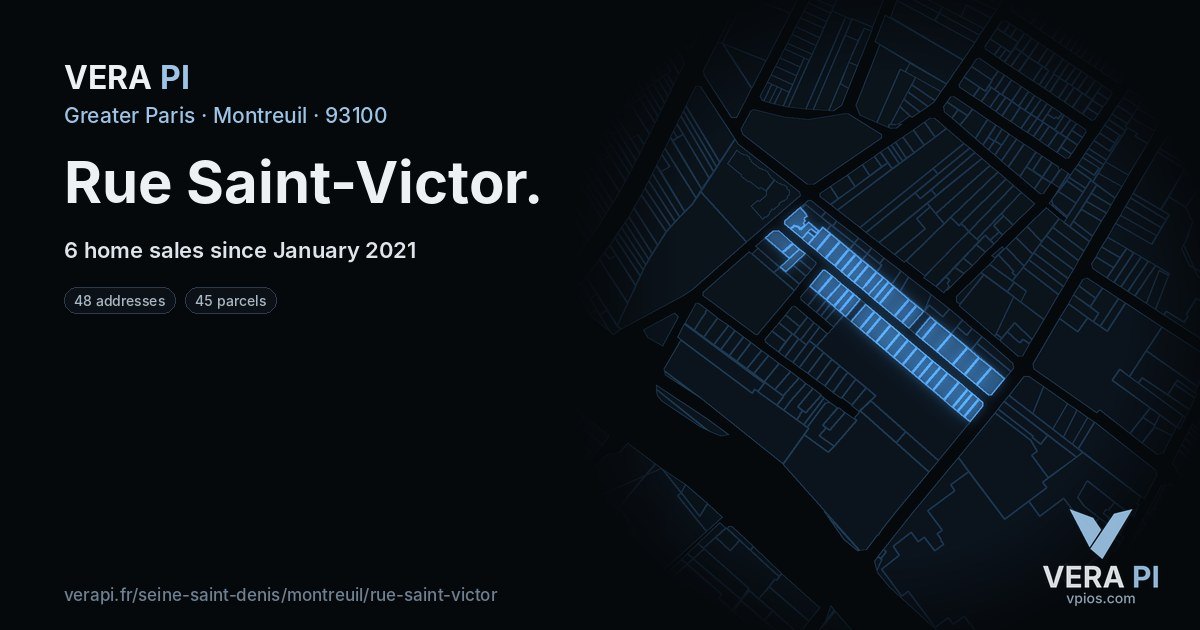 Rue Saint-Victor, Montreuil at night – every parcel coloured by the prices around it, the street's own parcels lit