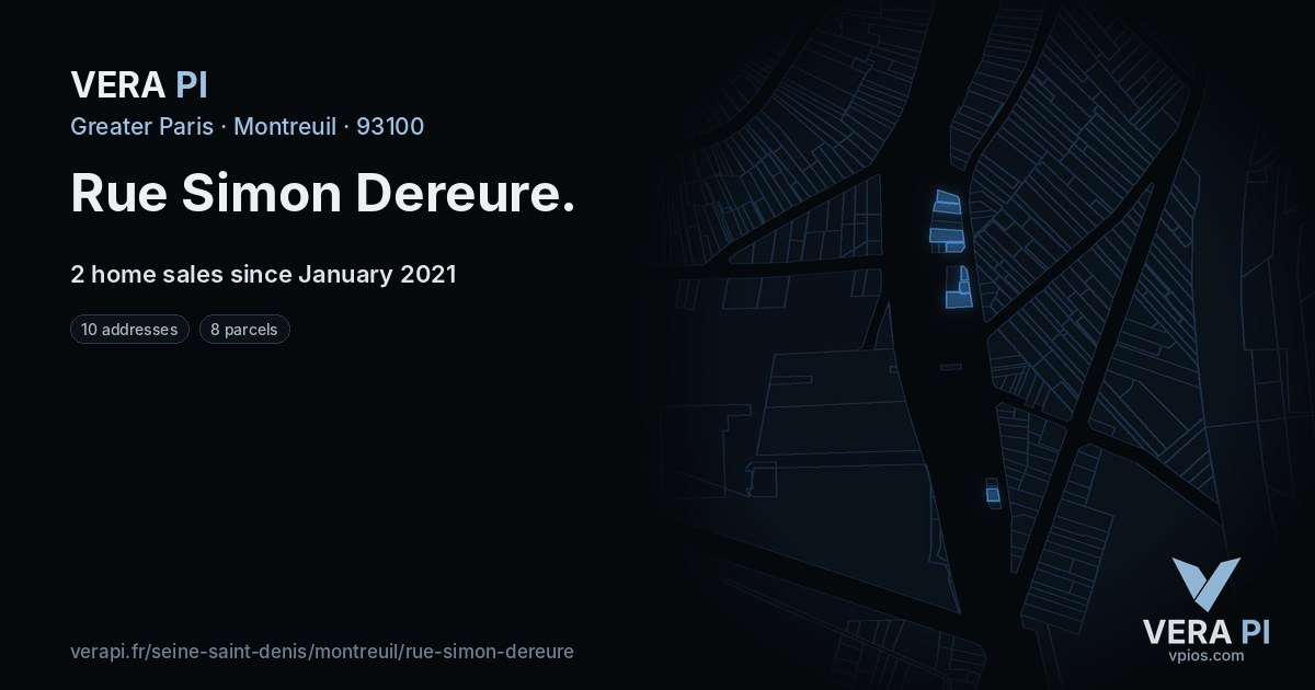 Rue Simon Dereure, Montreuil at night – every parcel coloured by the prices around it, the street's own parcels lit