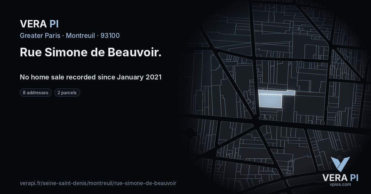 Rue Simone de Beauvoir, Montreuil at night – every parcel coloured by the prices around it, the street's own parcels lit