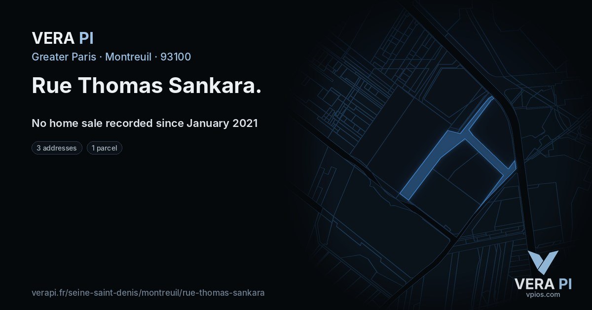 Rue Thomas Sankara, Montreuil at night – every parcel coloured by the prices around it, the street's own parcels lit