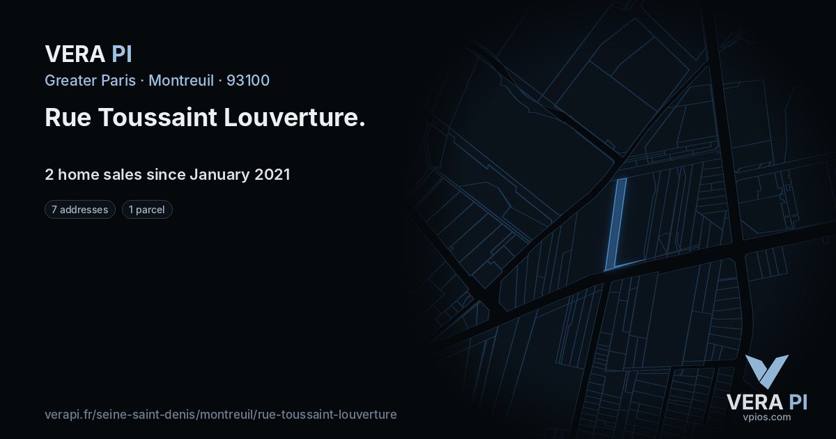 Rue Toussaint Louverture, Montreuil at night – every parcel coloured by the prices around it, the street's own parcels lit
