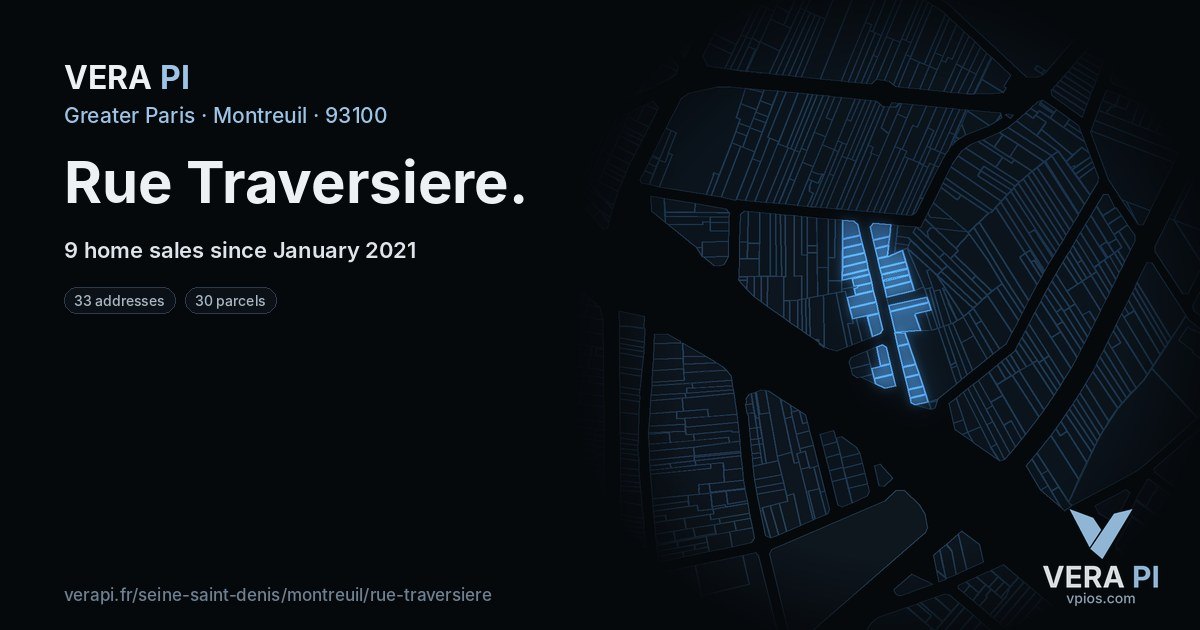 Rue Traversiere, Montreuil at night – every parcel coloured by the prices around it, the street's own parcels lit