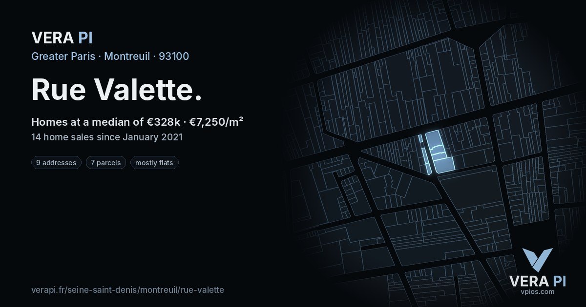 Rue Valette, Montreuil at night – every parcel coloured by the prices around it, the street's own parcels lit