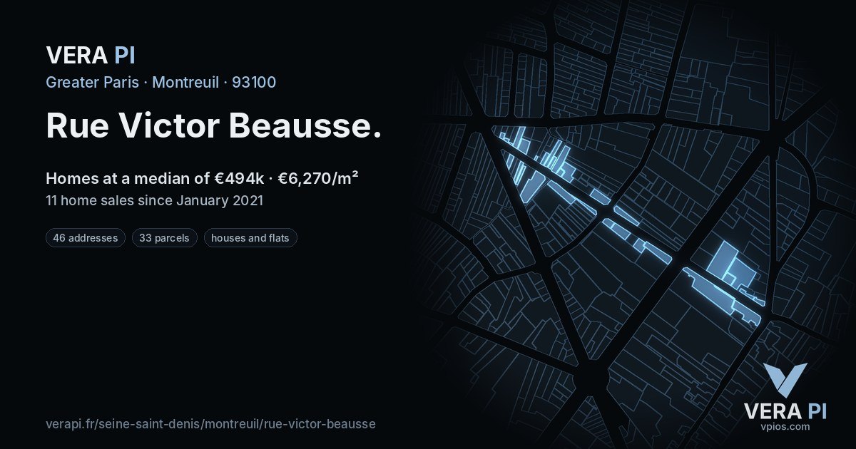 Rue Victor Beausse, Montreuil at night – every parcel coloured by the prices around it, the street's own parcels lit
