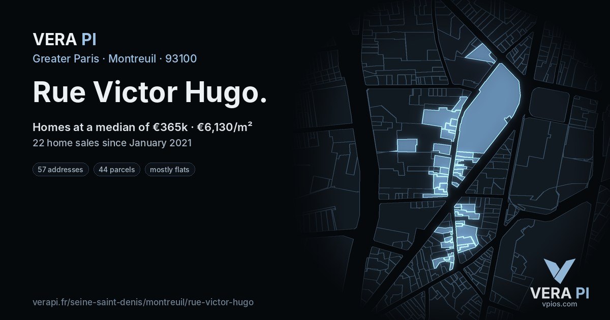 Rue Victor Hugo, Montreuil at night – every parcel coloured by the prices around it, the street's own parcels lit